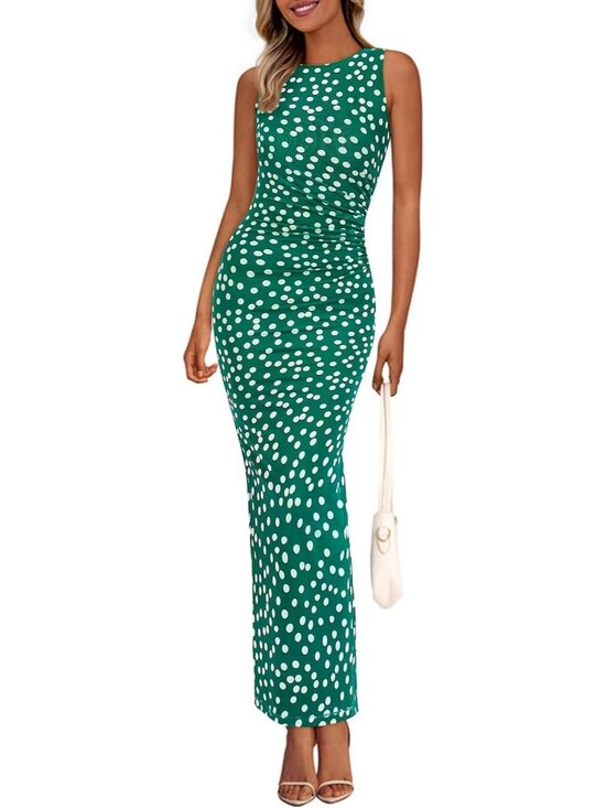 Dresses & Skirts - Women's Dot Green Polyester Elastane Mesh Sleeveless Bodycon Long Maxi Dress